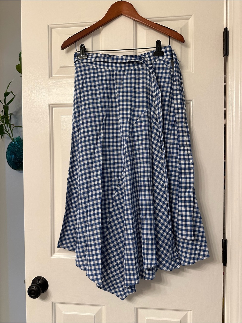 Anthropologie Blue Gingham Asymmetrical Midi Skirt